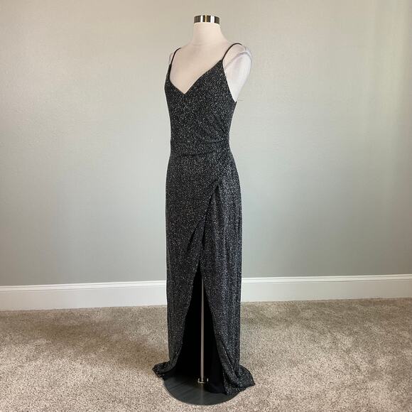 Betsy & Adam Black Metallic Column Gown Size 12 Sleeveless Thigh Slit Formal - Picture 4 of 12